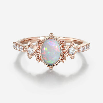 Bezel setting Oval cut Opal Halo Moissanite | Diamonds Gold Engagement Ring