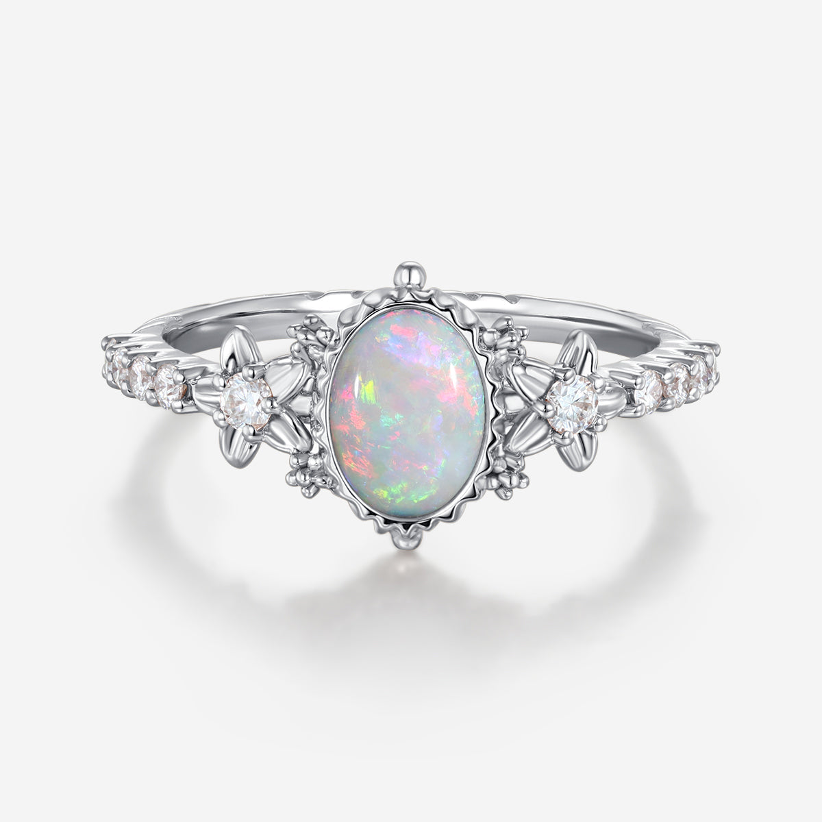 Bezel setting Oval cut Opal Halo Moissanite | Diamonds Gold Engagement Ring