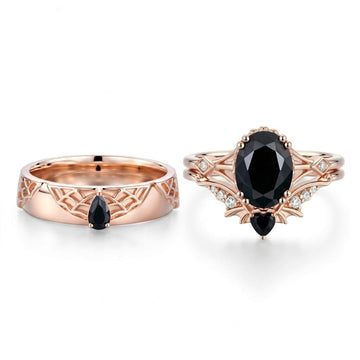 Oval cut Black Onyx  Couples Ring Set- His and Hers Wedding Band Solid Gold Matching Promise Rings