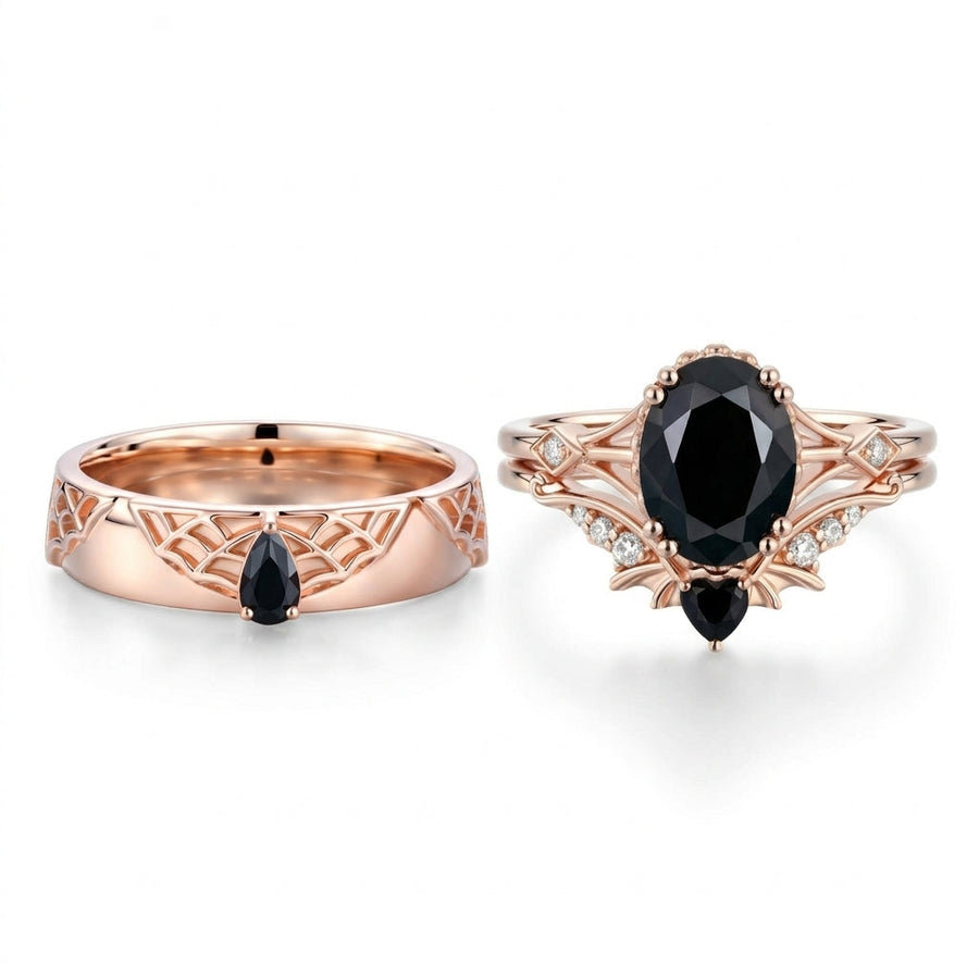 Oval cut Black Onyx  Couples Ring Set- His and Hers Wedding Band Solid Gold Matching Promise Rings
