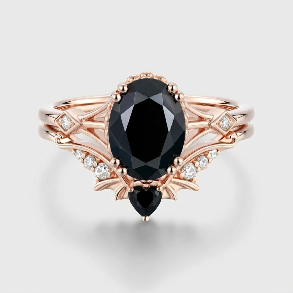Oval cut Black Onyx  Couples Ring Set- His and Hers Wedding Band Solid Gold Matching Promise Rings