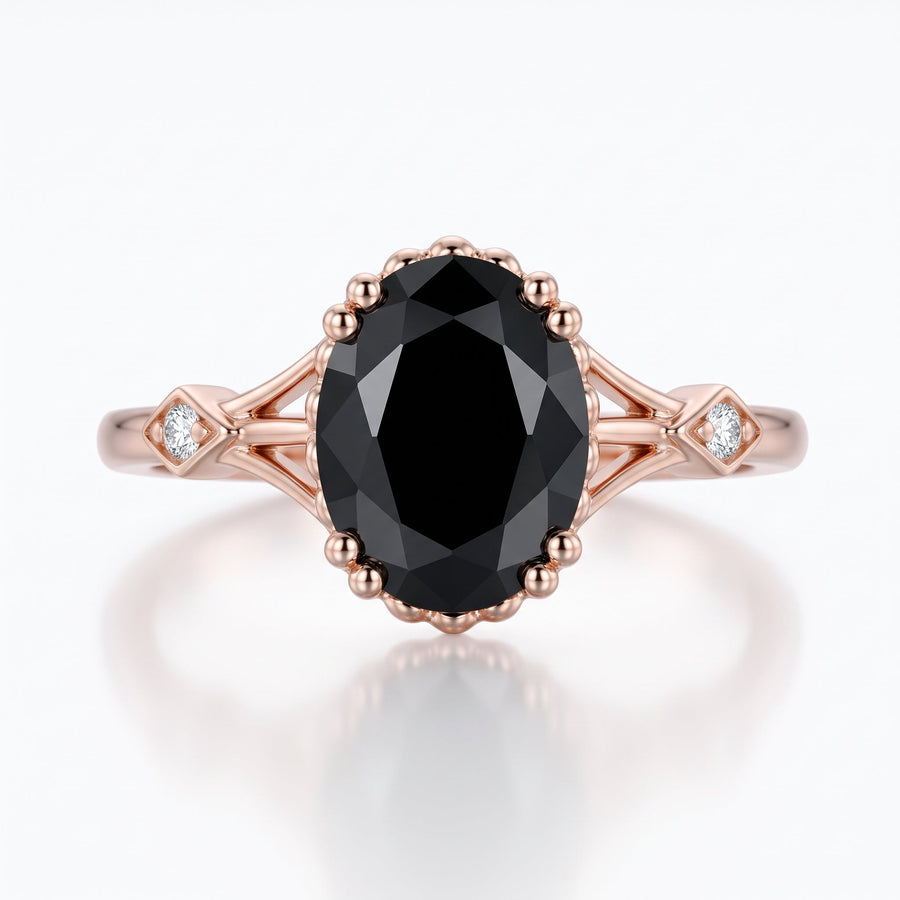 Oval cut Black Onyx Solid Gold Engagement Ring