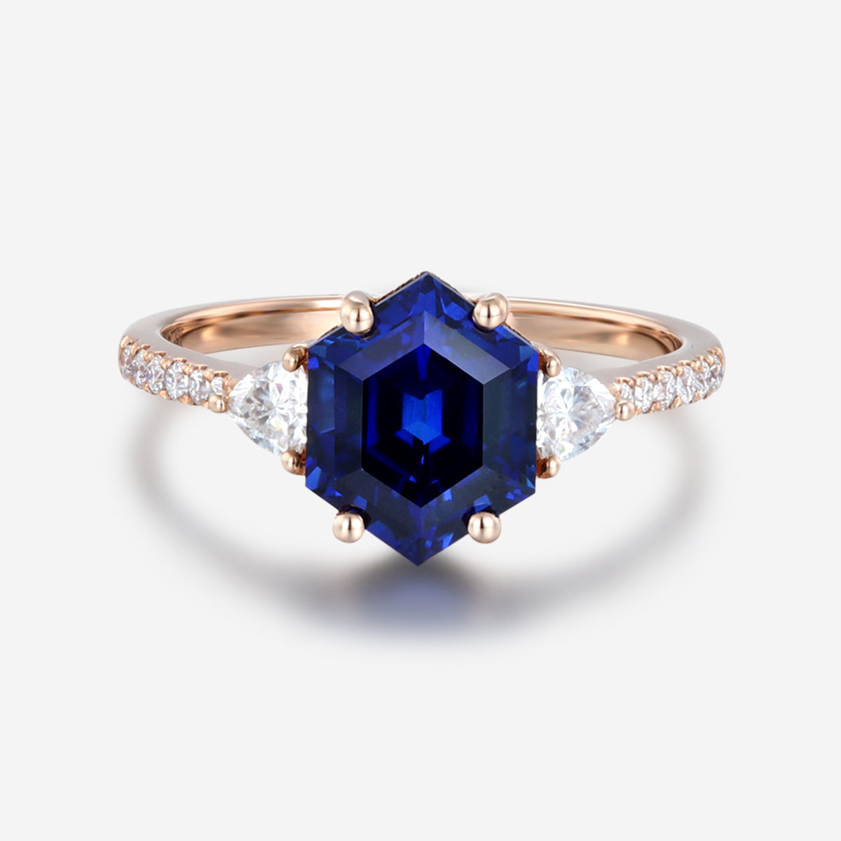 Hexagon cut Lab Blue Sapphire Solid Gold Engagement Ring
