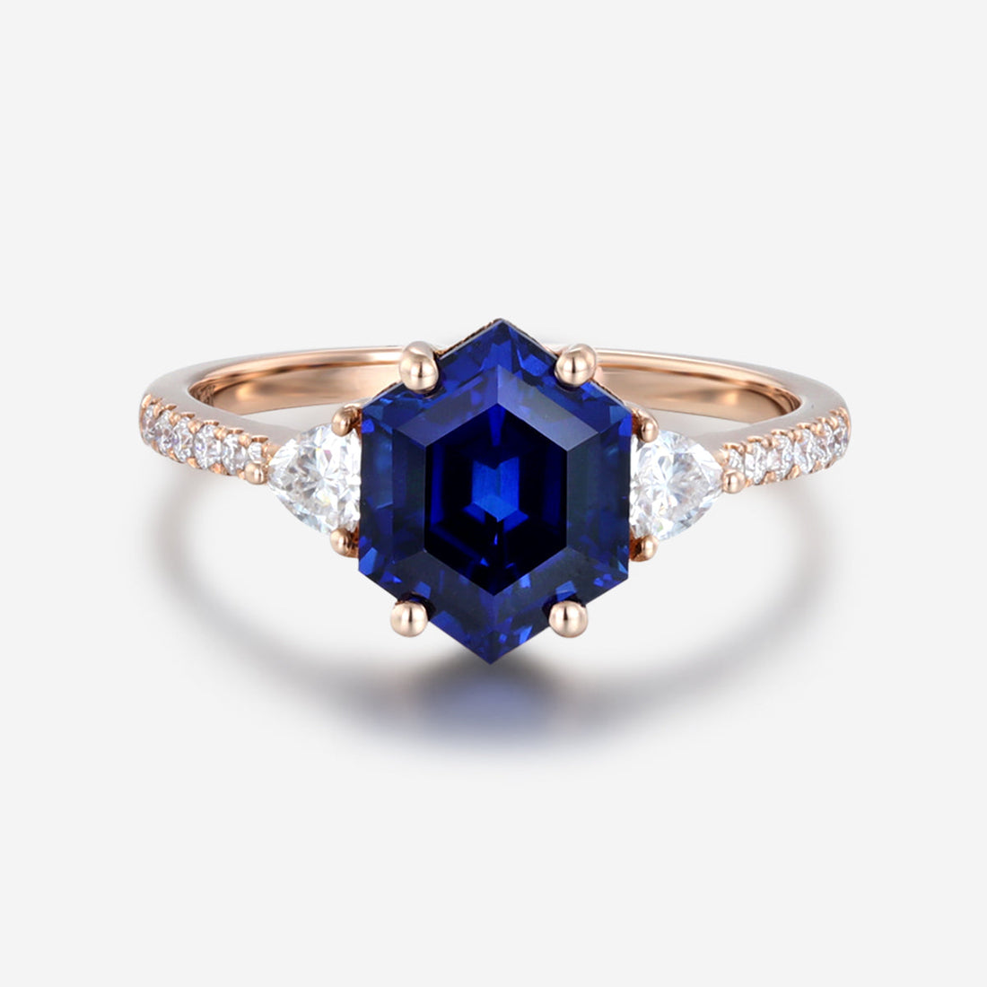 Hexagon cut Lab Blue Sapphire Solid Gold Engagement Ring