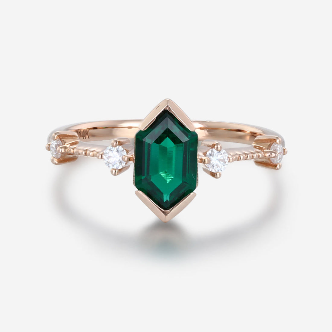 Bezel setting Hexagon cut Lab grown Emerald Solid Gold Engagement Ring
