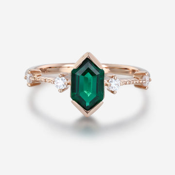 Bezel setting Hexagon cut Lab grown Emerald Solid Gold Engagement Ring