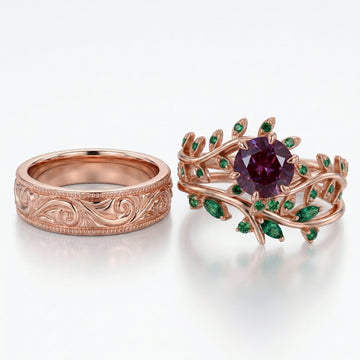Round cut Alexandrite Nature Inspired Couples Ring Set