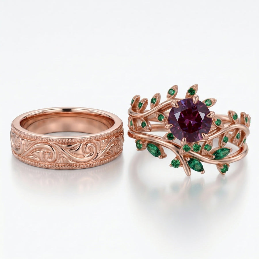 Round cut Alexandrite Nature Inspired Couples Ring Set