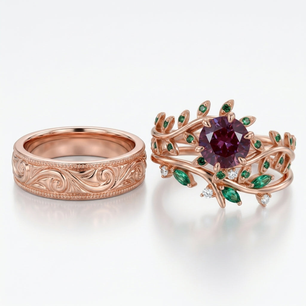 Round cut Alexandrite Couples Ring Set- His and Hers Wedding Band Solid Gold Matching Promise Rings