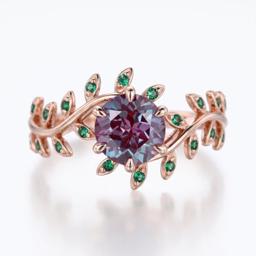 Round cut Alexandrite+Emerald Nature Inspired Engagement Ring