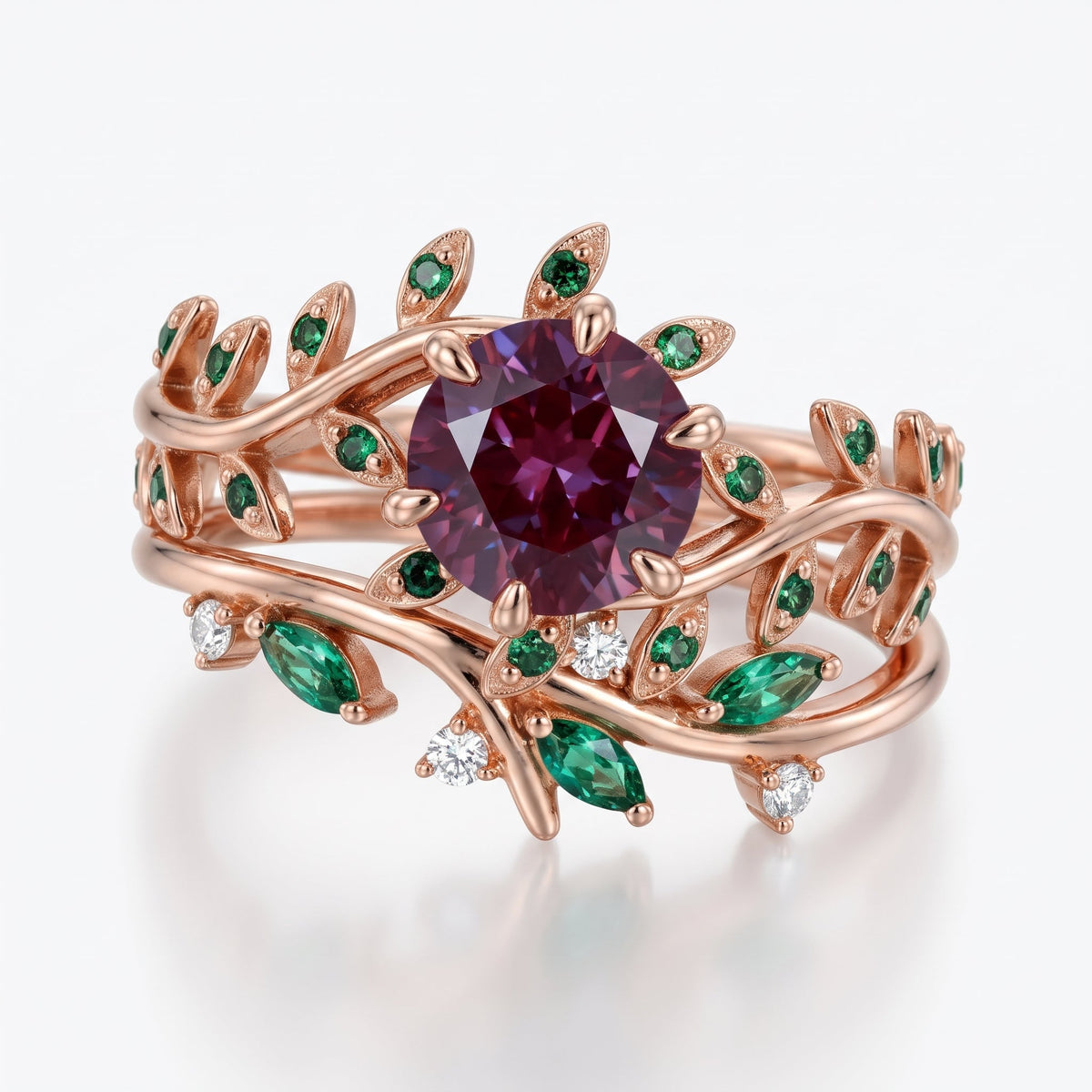 Round cut Alexandrite Couples Ring Set- His and Hers Wedding Band Solid Gold Matching Promise Rings