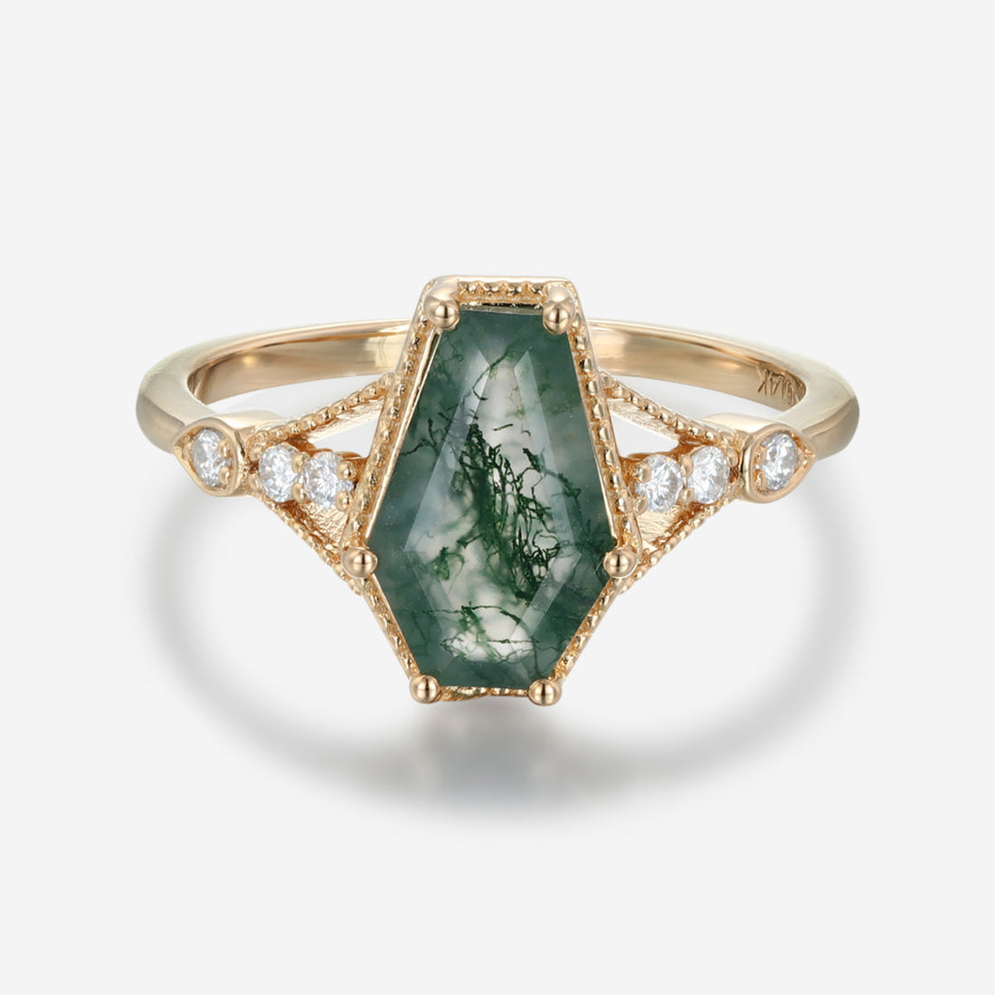 Coffin cut Moss Agate Solid Gold Engagement Ring