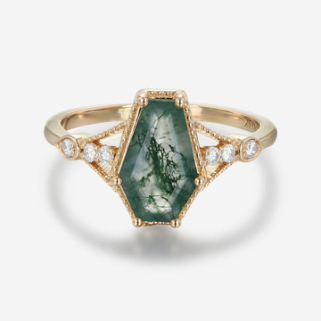 Coffin cut Moss Agate Solid Gold Engagement Ring