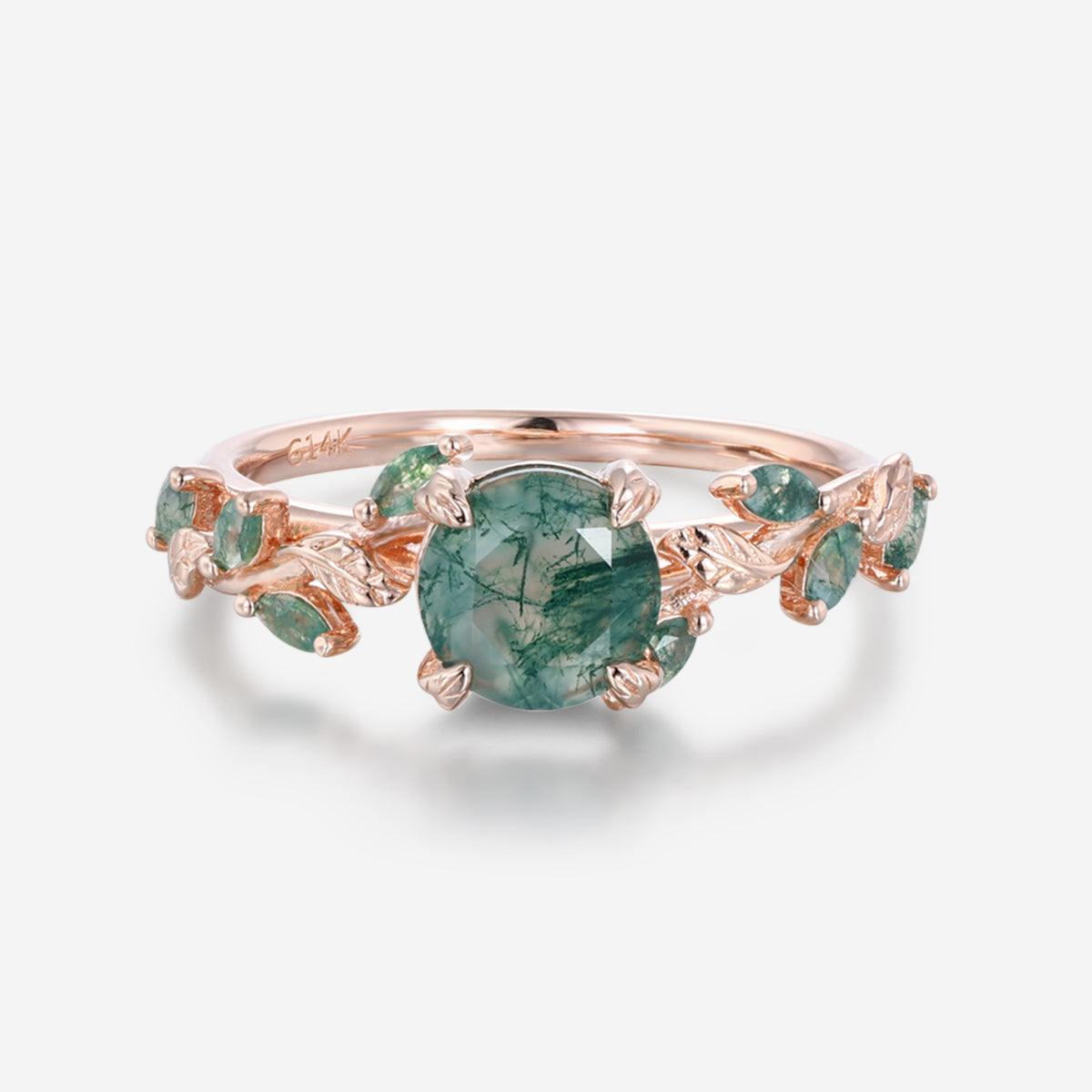 Nature Inspired Round cut Moss Agate Solid Gold Engagement Ring