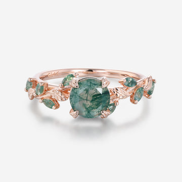 Nature Inspired Round cut Moss Agate Solid Gold Engagement Ring