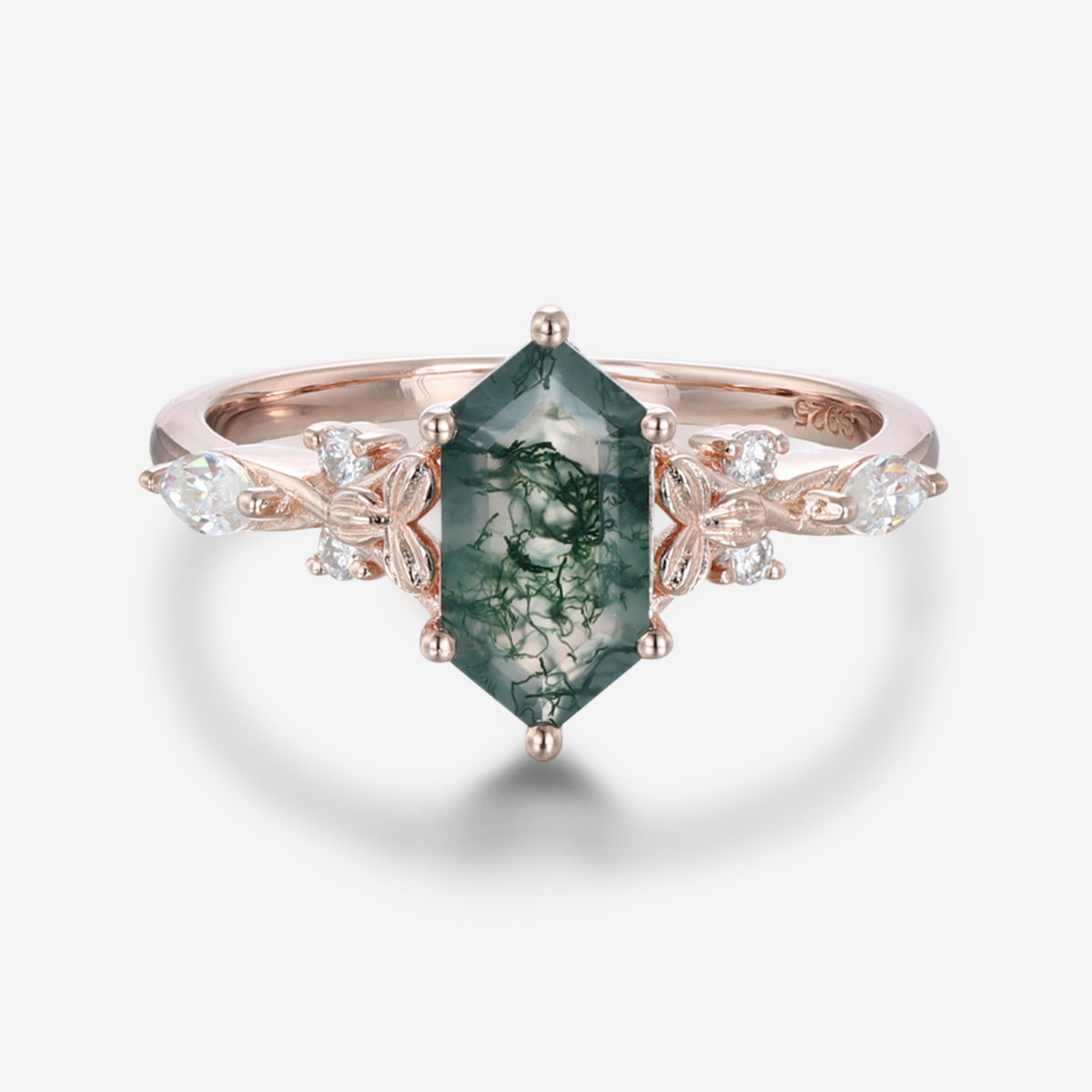 Long Hexagon cut Moss Agate Solid Gold Engagement Ring