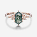 Long Hexagon cut Moss Agate Solid Gold Engagement Ring