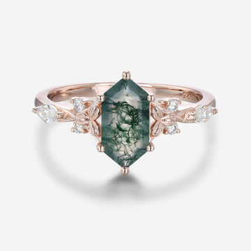 Long Hexagon cut Moss Agate Solid Gold Engagement Ring