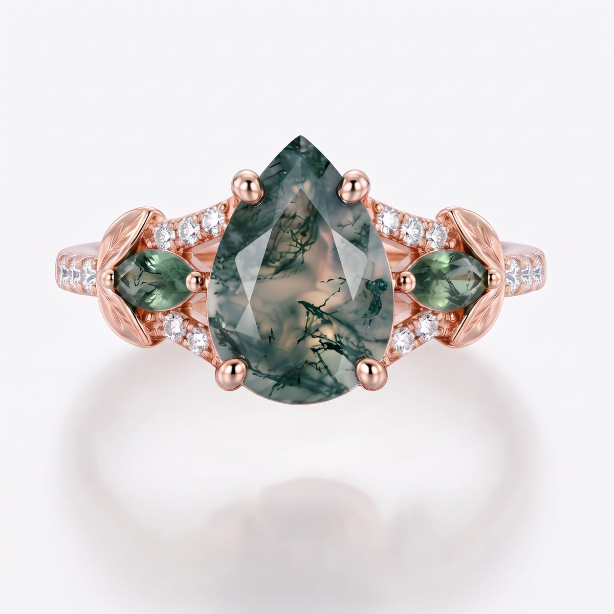 Pear cut Moss Agate Leaf‑Vine Engagement Ring