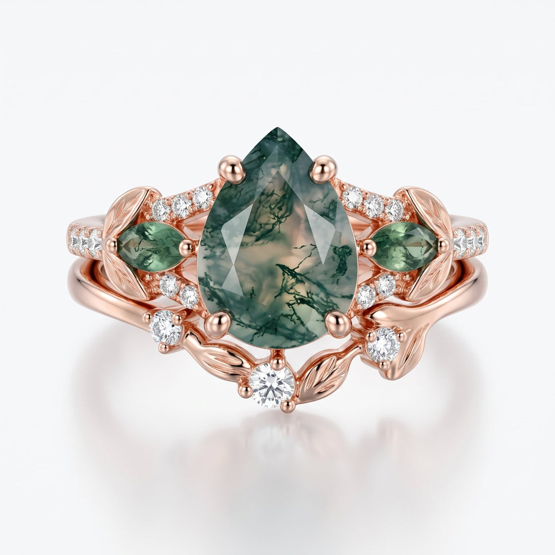 Pear cut Moss Agate Leaf‑Vine Engagement Ring