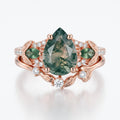 Pear cut Moss Agate Leaf‑Vine Engagement Ring