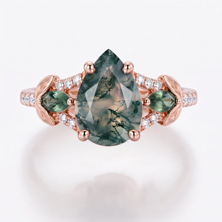 Pear cut Moss Agate Leaf‑Vine Engagement Ring
