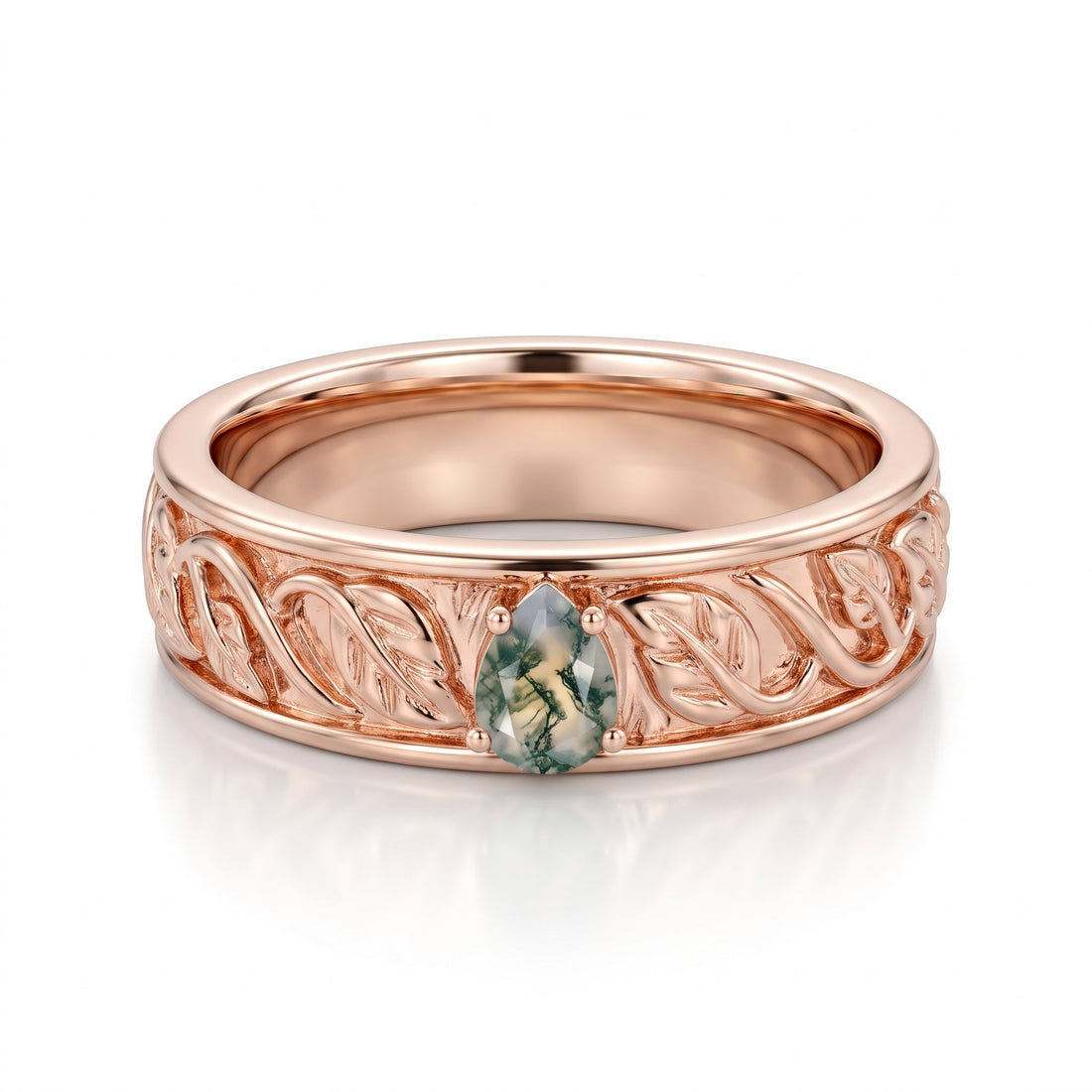 Pear cut Moss Agate Couples Ring Set- His and Hers Wedding Band Solid Gold Matching Promise Rings