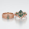 Pear cut Moss Agate Couples Ring Set- His and Hers Wedding Band Solid Gold Matching Promise Rings