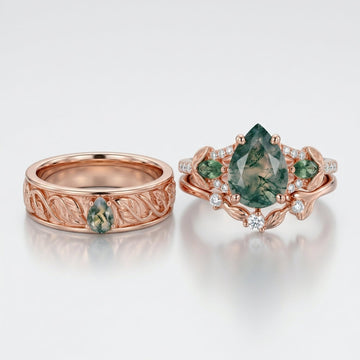 Pear cut Moss Agate Couples Ring Set- His and Hers Wedding Band Solid Gold Matching Promise Rings