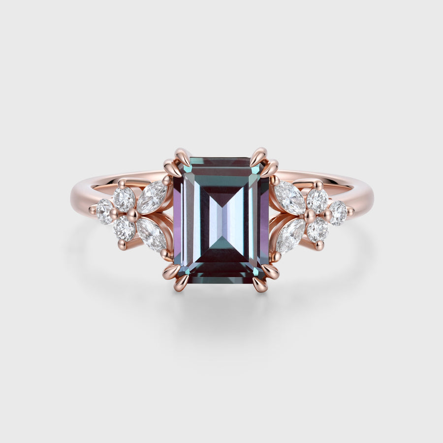 Emerald cut Lab Alexandrite | Diamond Engagement ring