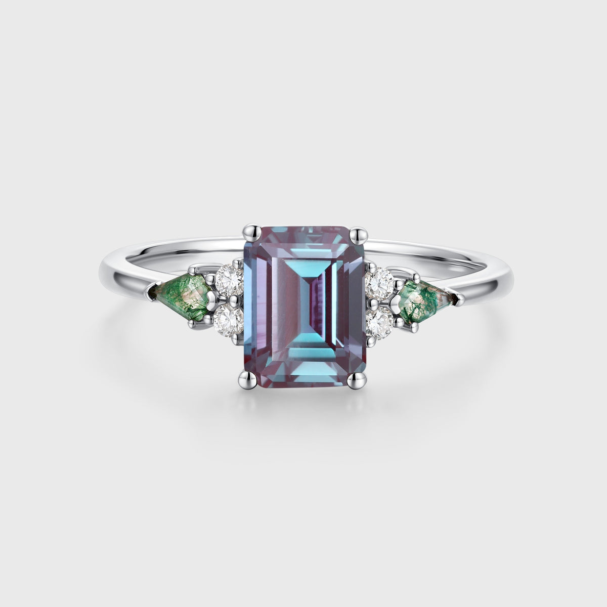 Emerald cut Alexandrite & Moss Agate Solid Gold Engagement Ring