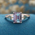 Emerald cut Alexandrite & Moss Agate Solid Gold Engagement Ring