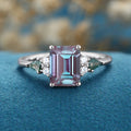 Emerald cut Alexandrite & Moss Agate Solid Gold Engagement Ring