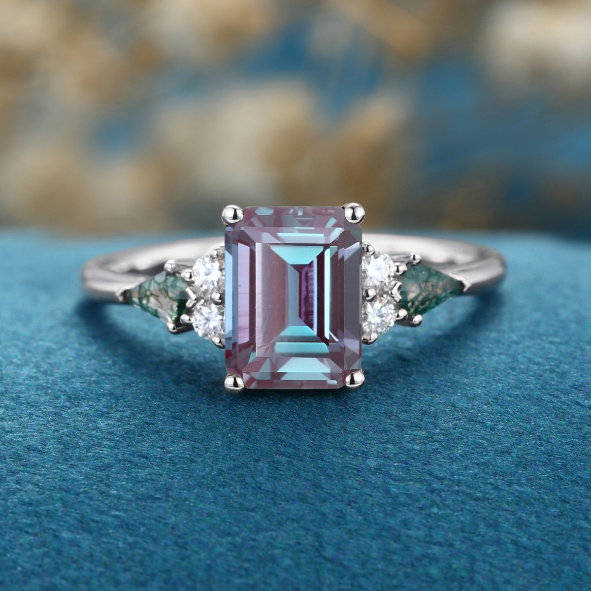 Emerald cut Alexandrite & Moss Agate Solid Gold Engagement Ring