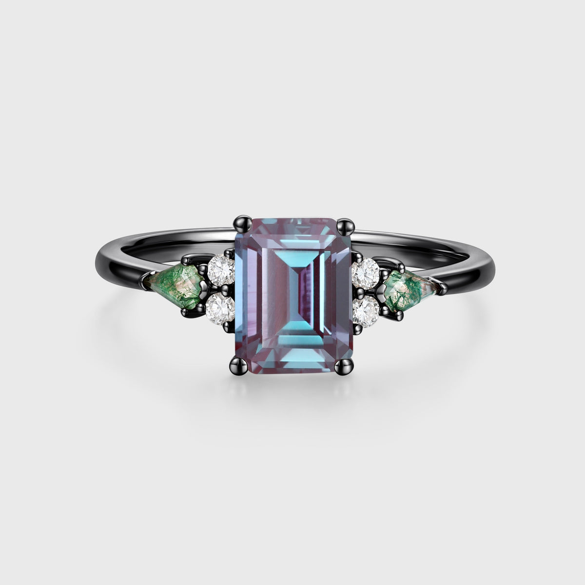 Emerald cut Alexandrite & Moss Agate Solid Gold Engagement Ring