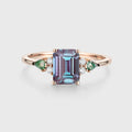 Emerald cut Alexandrite & Moss Agate Solid Gold Engagement Ring