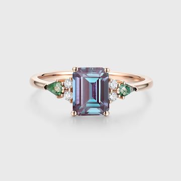 Emerald cut Alexandrite & Moss Agate Solid Gold Engagement Ring