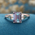 Emerald cut Alexandrite & Moss Agate Solid Gold Engagement Ring