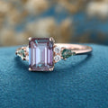 Emerald cut Alexandrite & Moss Agate Solid Gold Engagement Ring