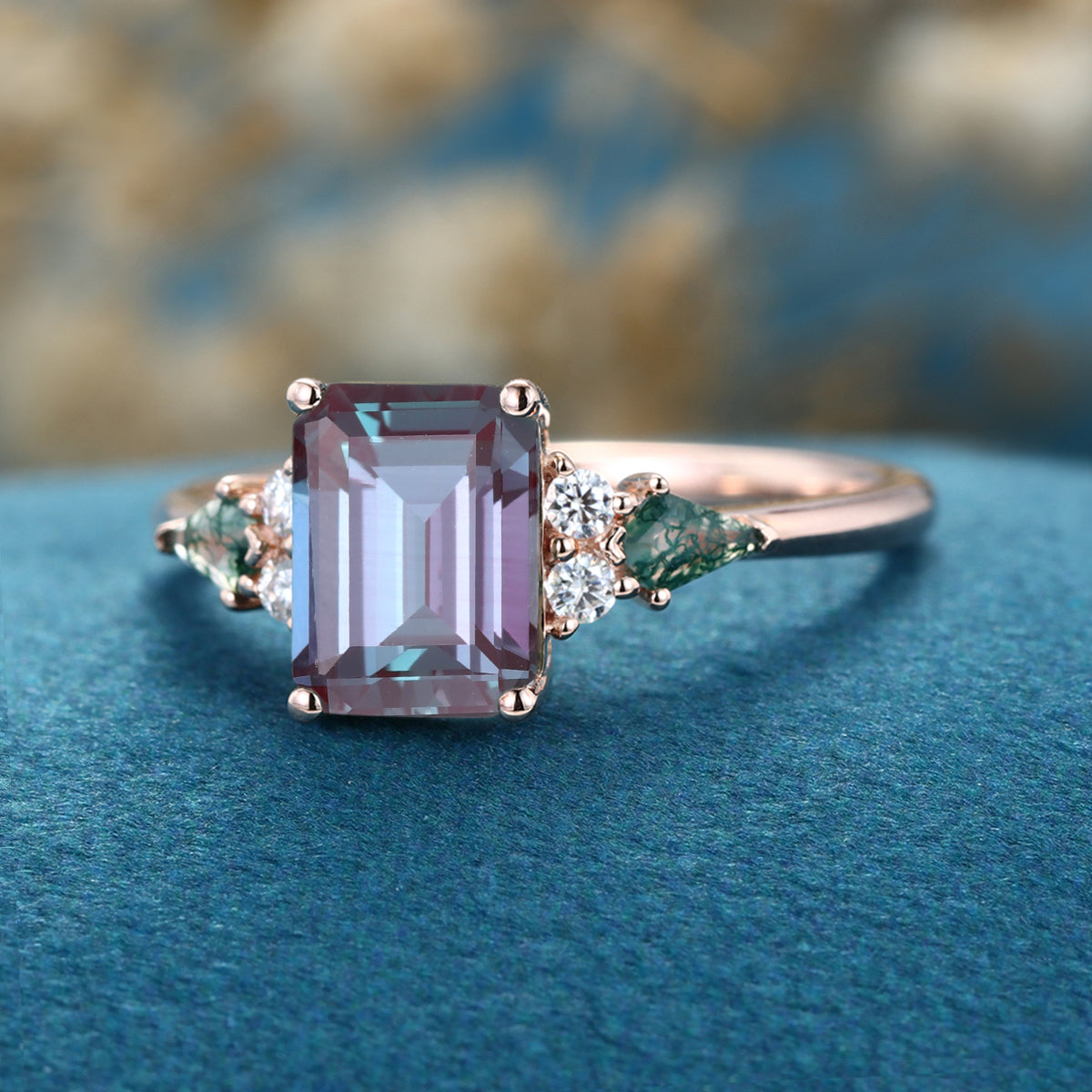 Emerald cut Alexandrite & Moss Agate Solid Gold Engagement Ring