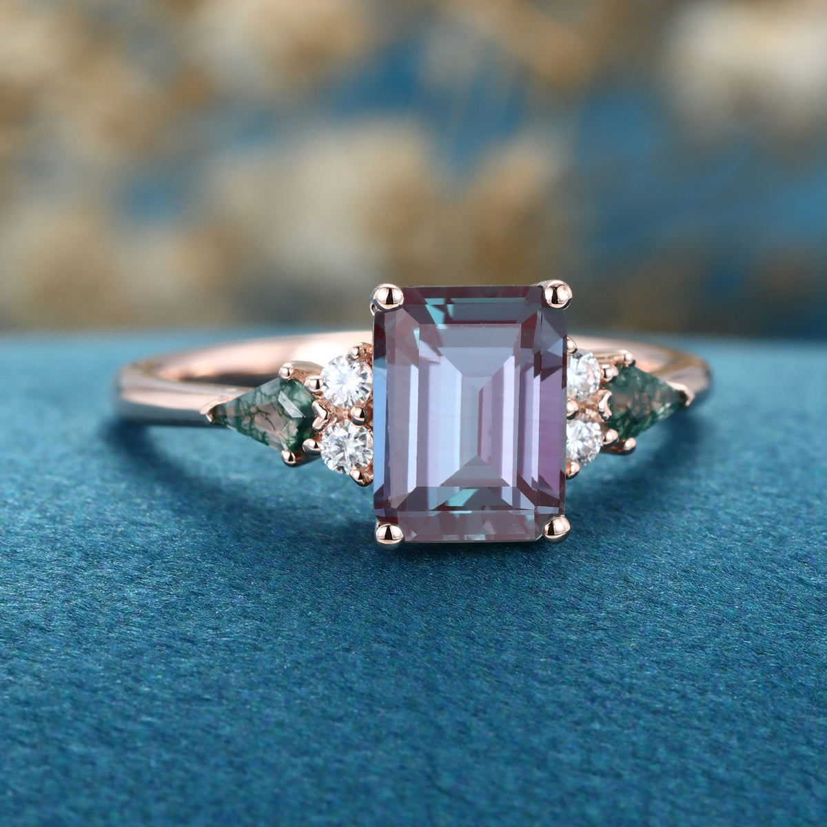 Emerald cut Alexandrite & Moss Agate Solid Gold Engagement Ring