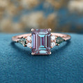 Emerald cut Alexandrite & Moss Agate Solid Gold Engagement Ring