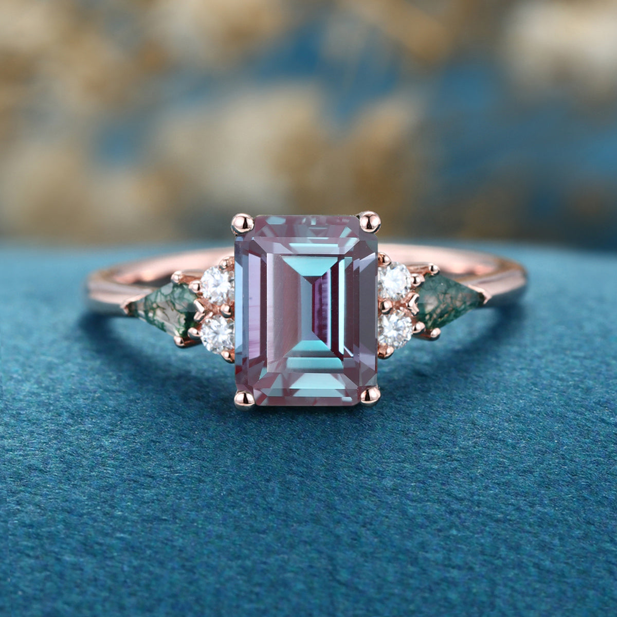 Emerald cut Alexandrite & Moss Agate Solid Gold Engagement Ring