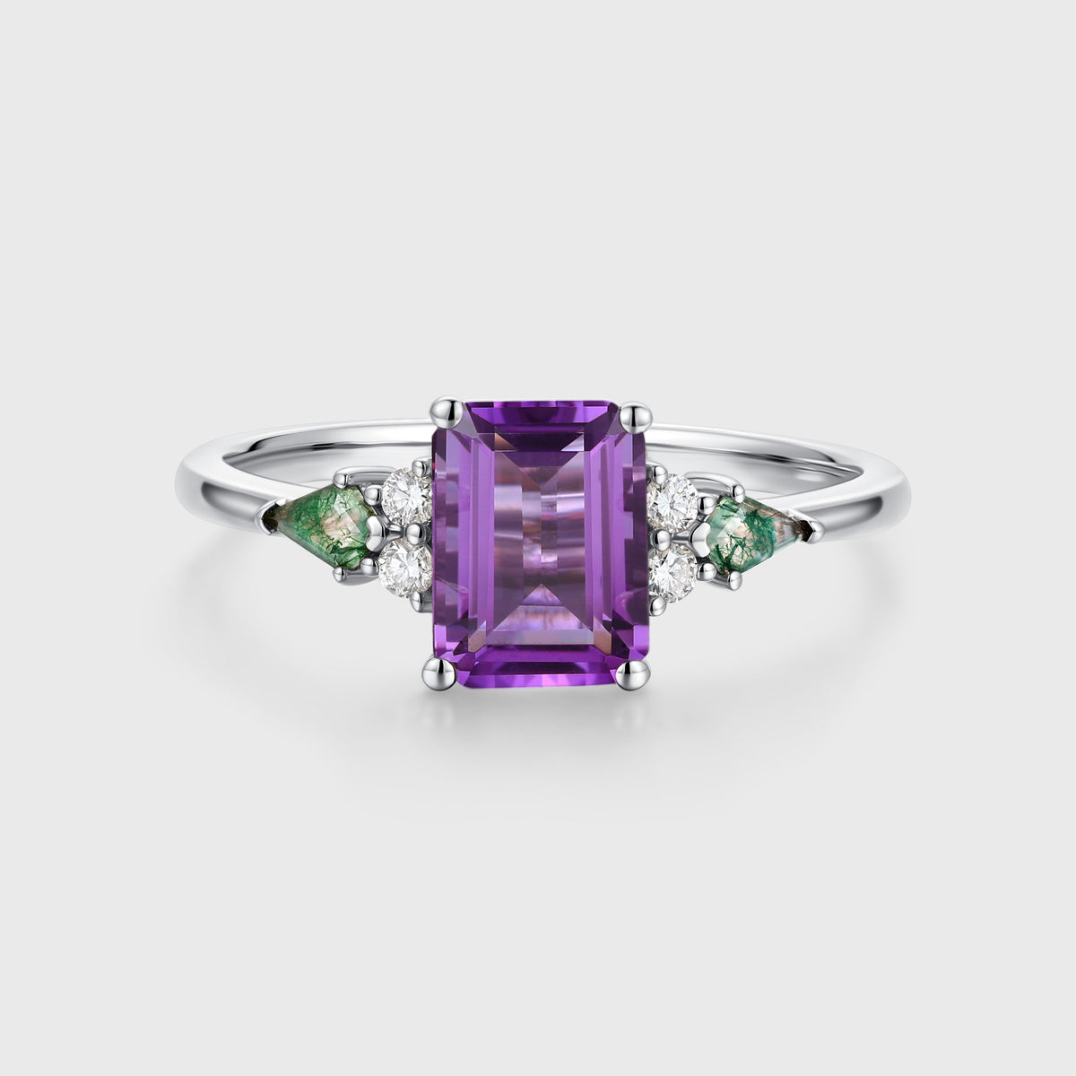 Emerald cut Amethyst & Kite cut Moss Agate Solid Gold Engagement Ring