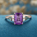 Emerald cut Amethyst & Kite cut Moss Agate Solid Gold Engagement Ring