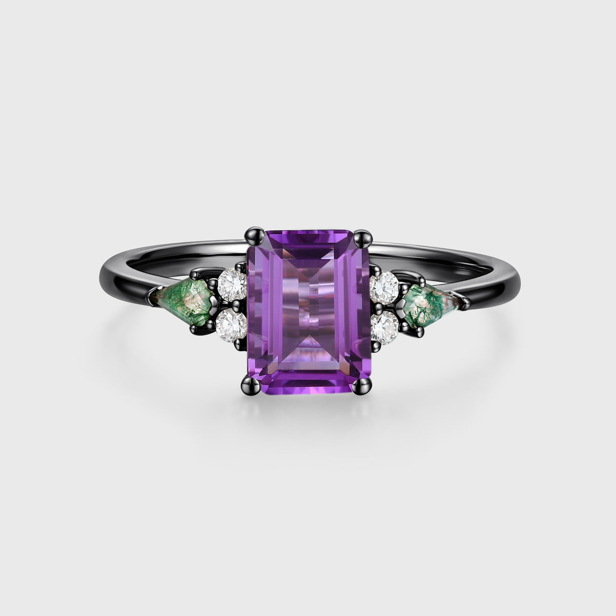 Emerald cut Amethyst & Kite cut Moss Agate Solid Gold Engagement Ring