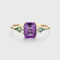 Emerald cut Amethyst & Kite cut Moss Agate Solid Gold Engagement Ring