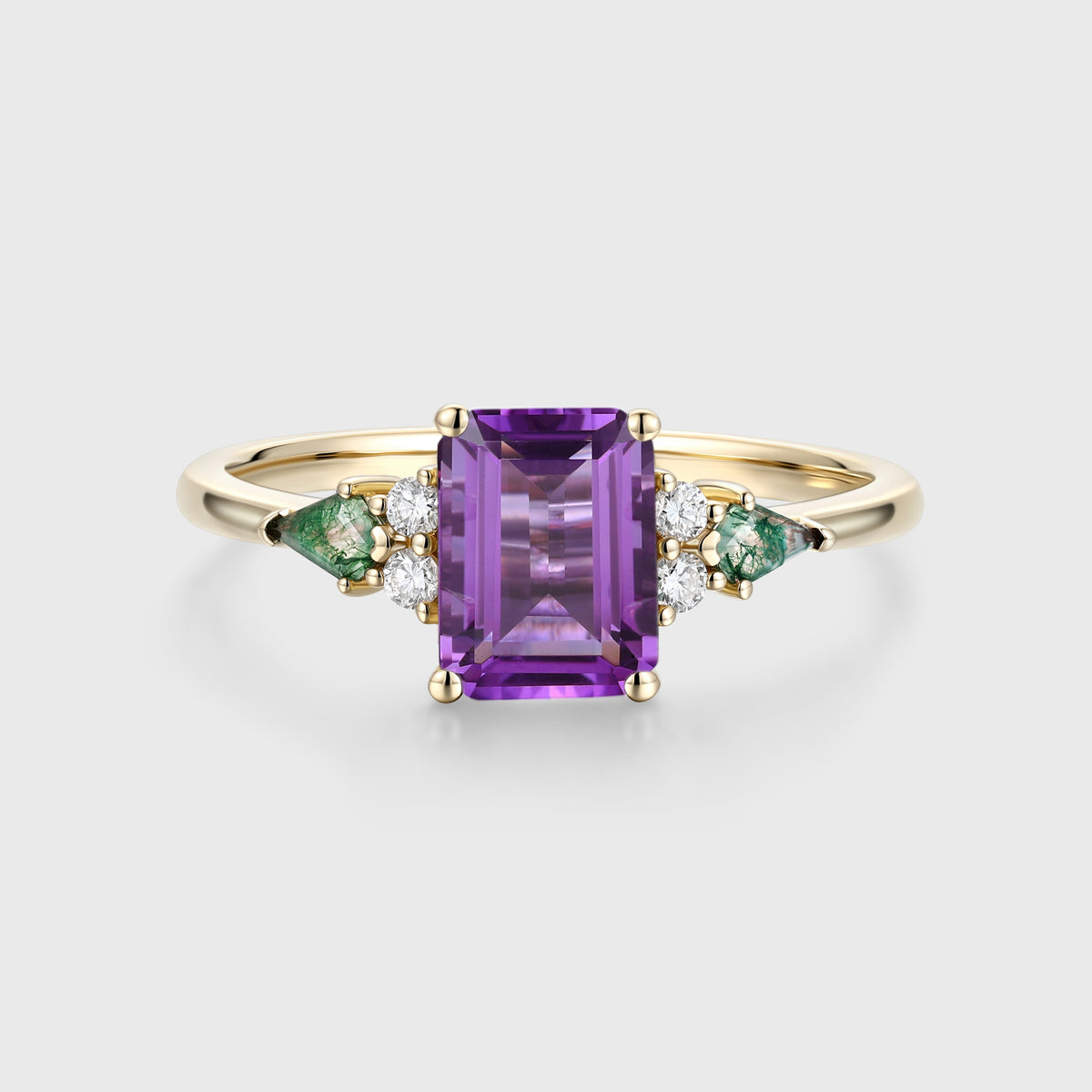 Emerald cut Amethyst & Kite cut Moss Agate Solid Gold Engagement Ring