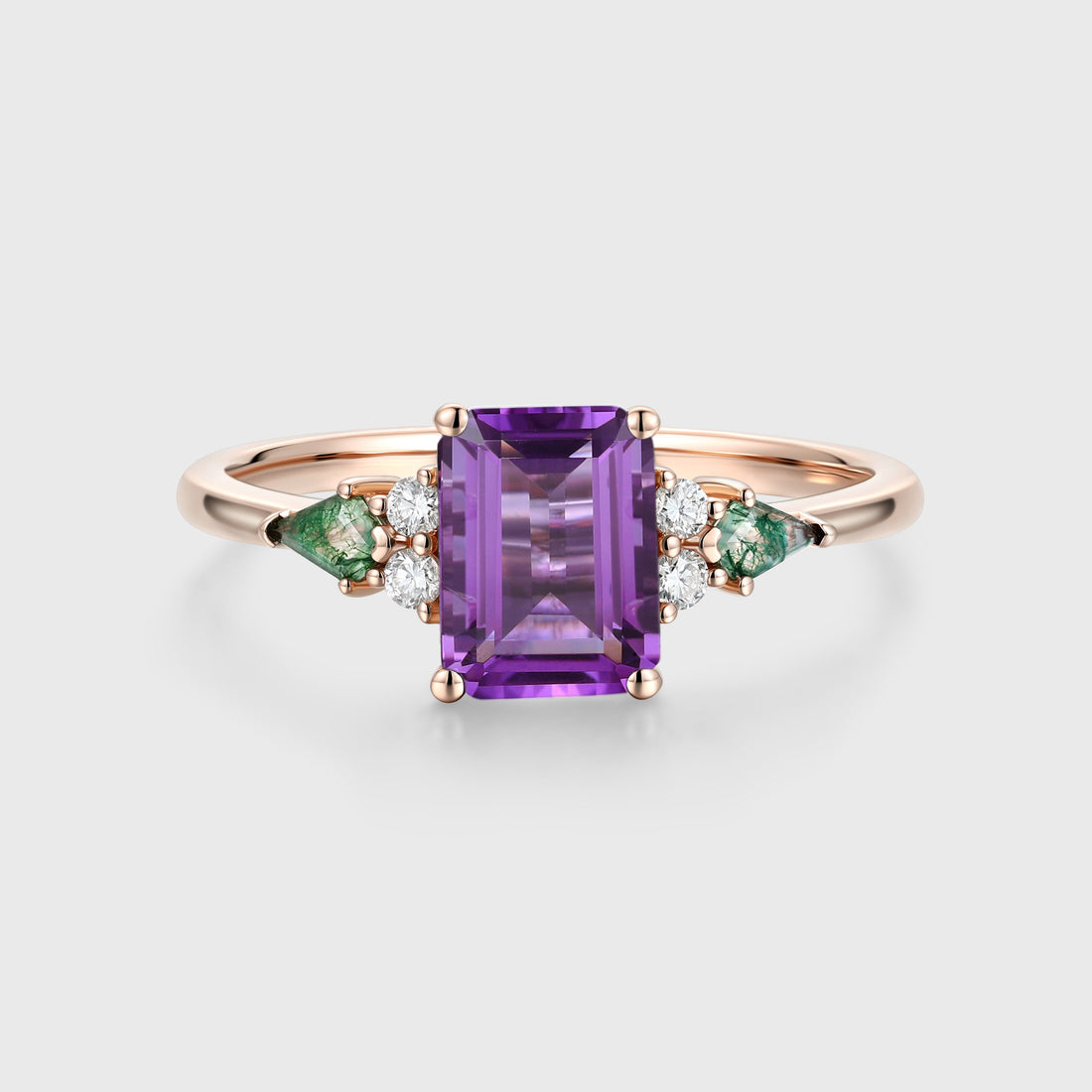 Emerald cut Amethyst & Kite cut Moss Agate Solid Gold Engagement Ring