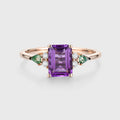 Emerald cut Amethyst & Kite cut Moss Agate Solid Gold Engagement Ring